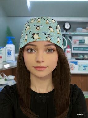 Light Blue Penguin Print Surgical Cap